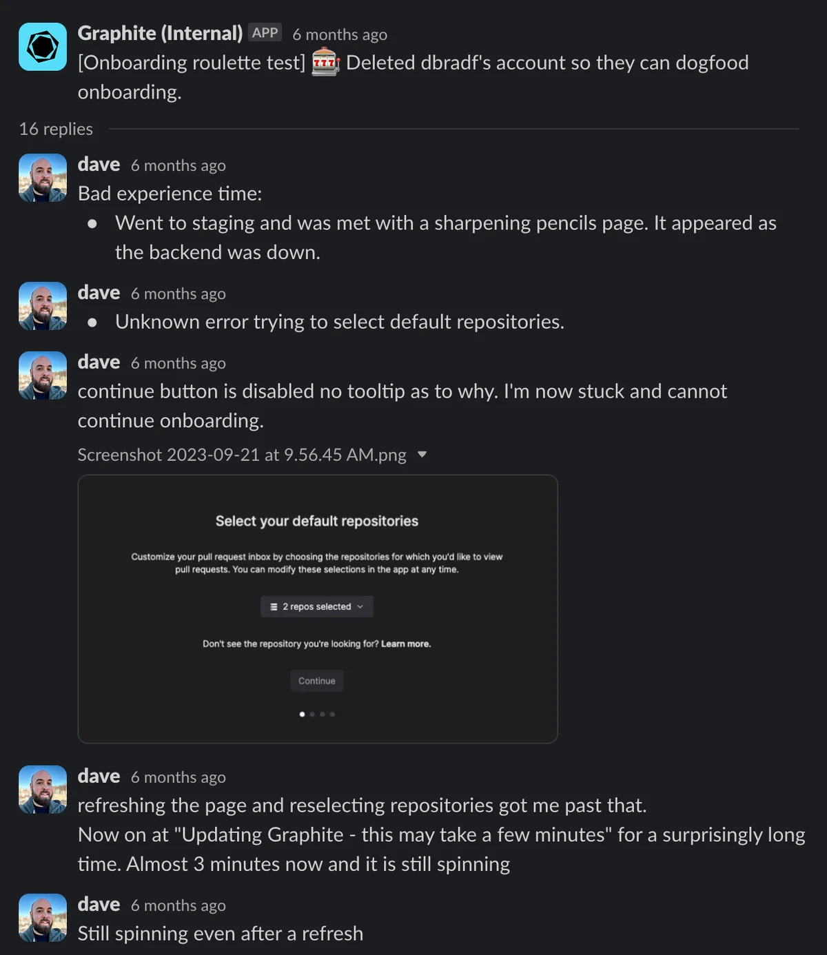 Slack bug report from onboarding test